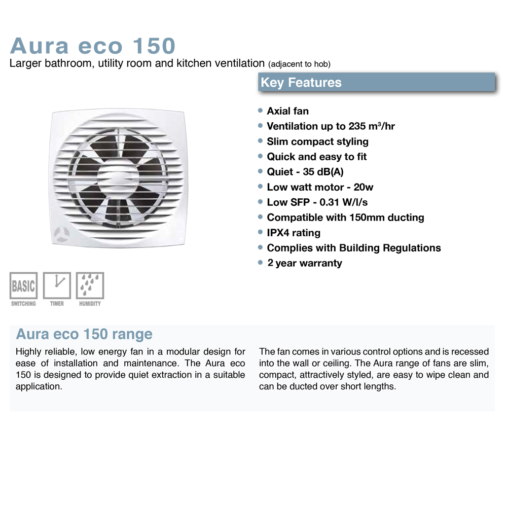 Airflow Aura-Eco 150HT Fan - 150mm Humidity-Timer Bathroom Fan (9041353)