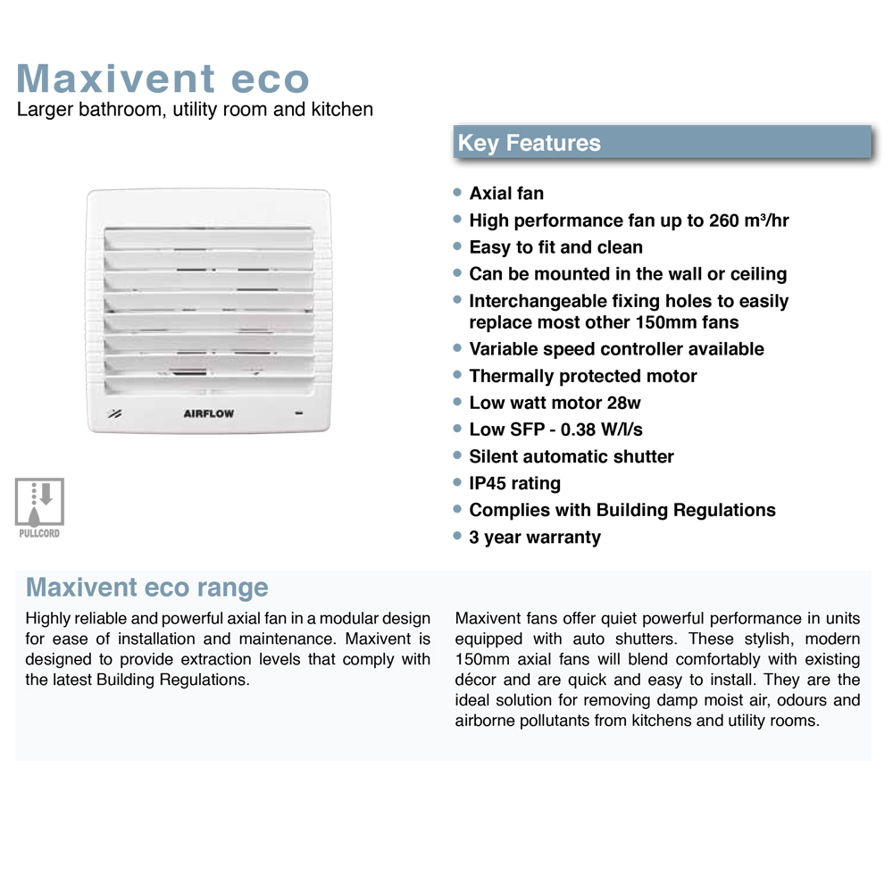 Airflow Maxivent Eco P 150mm Extractor Fan With Pullcord 72678201