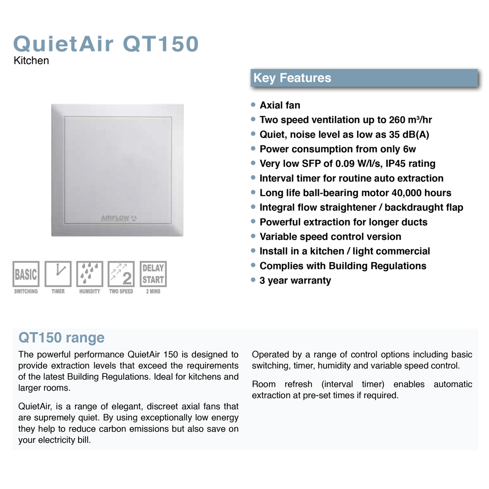 Airflow Quietair QT150HT 150mm Extractor Fan with Adjustable Humidistat And Timer