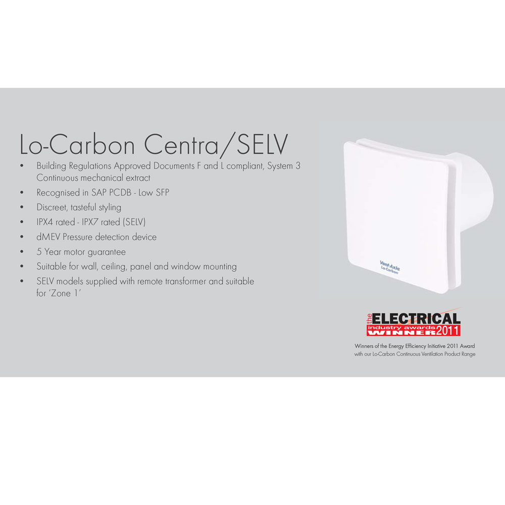 Vent Axia Lo-Carbon Centra Bathroom Fan SELV Timer (443175)