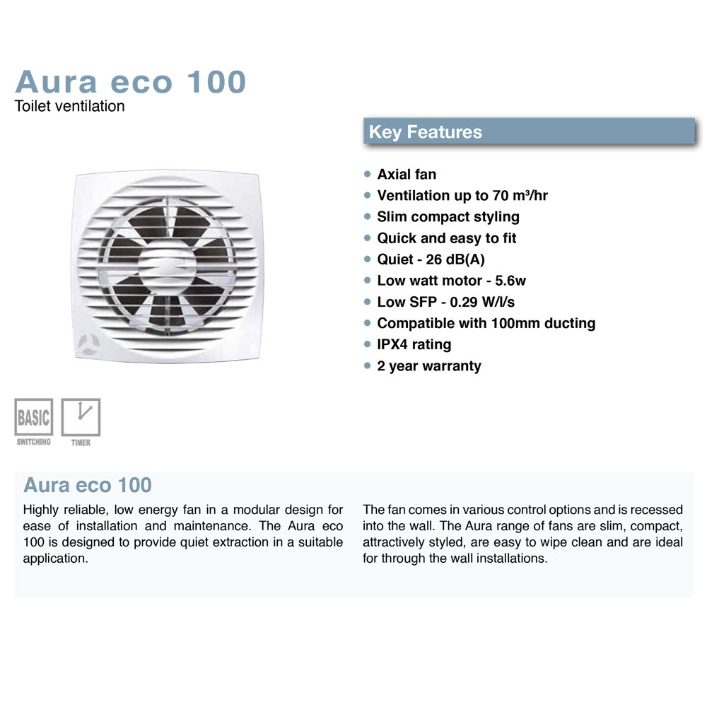 Airflow Aura Eco 100T - 100mm Slimline Timer Fan For use in toilets, en-suites and bathrooms (9041348)