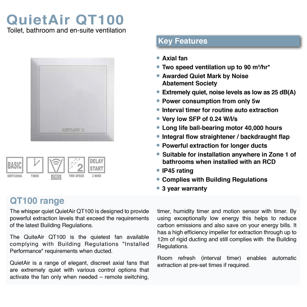 Airflow Quietair QT100MST 100mm Extractor Fan with Pir Motion Sensor and Timer