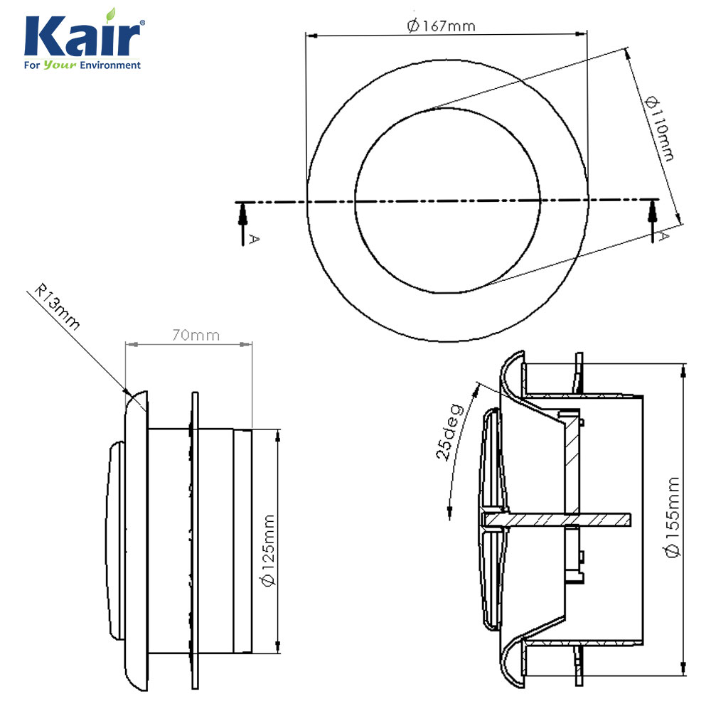 Kair Plastic Round Ceiling Vent 125mm 5 inch Diffuser / Extract Valve with Retaining Ring