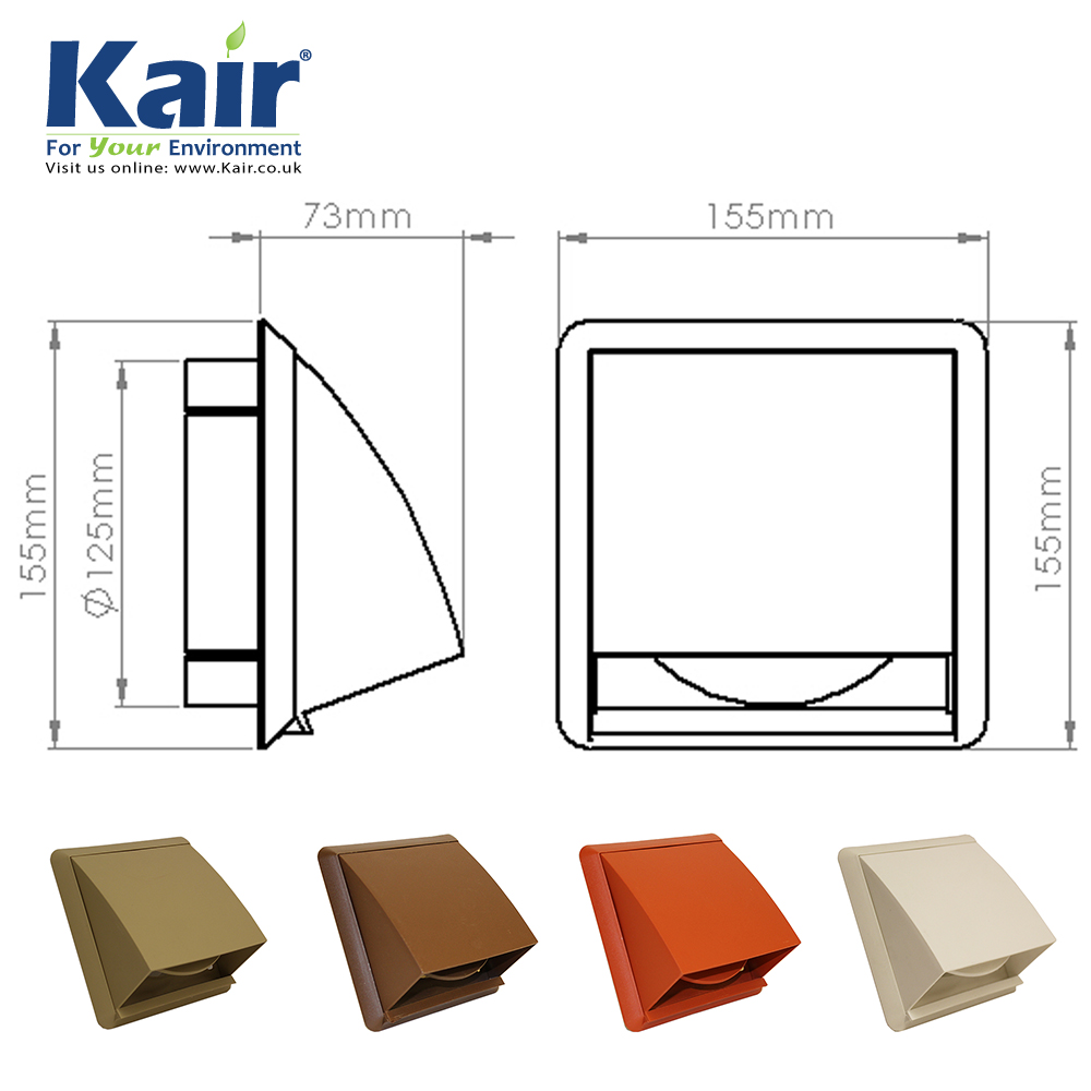 Kair Cowl Vent 125mm - 5 inch White External Wall Vent With Round Spigot and Wind Baffle Backdraught Shutter