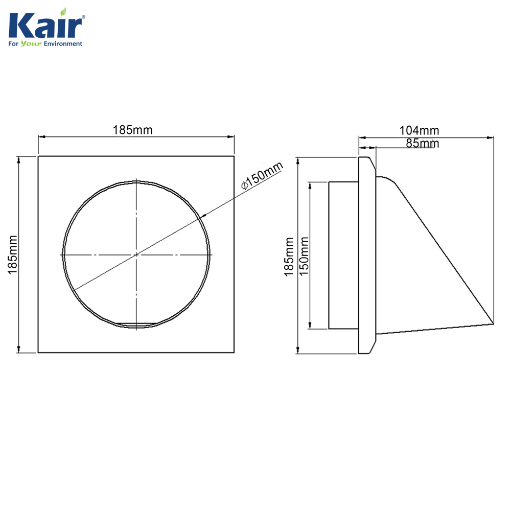 Kair Cowled Outlet Grille 150mm - 6 inch White External Wall Vent With Round Spigot and Wind Baffle Backdraught Shutter