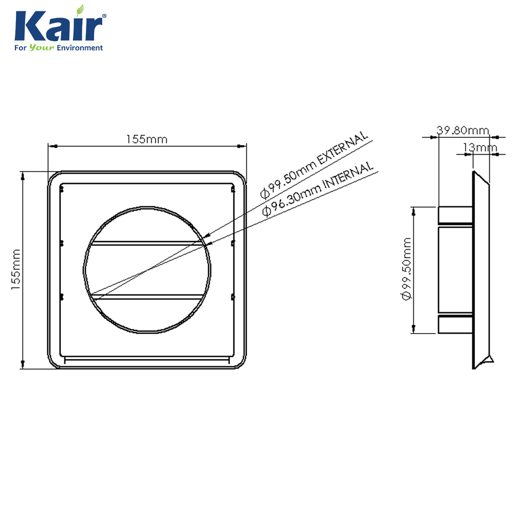 Kair Gravity Grille 100mm - 4 inch White External Ducting Air Vent with Round Spigot and Non-Return Shutters