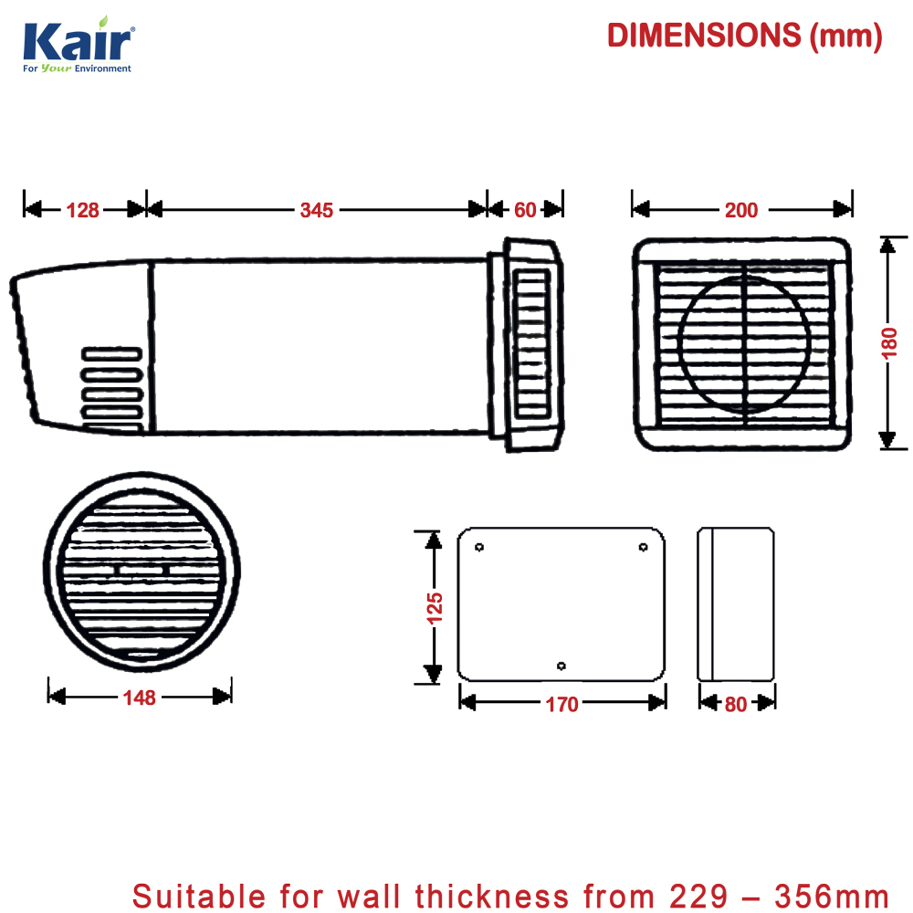 Kair Heat Recovery Extractor Fan - 12VAC SELV - Humidistat
