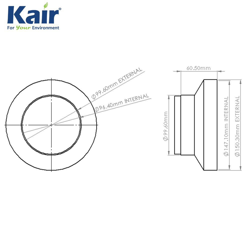 Kair Ducting Reducer 150mm to 100mm - 6 to 4 inch Duct Pipe Reduction Connector