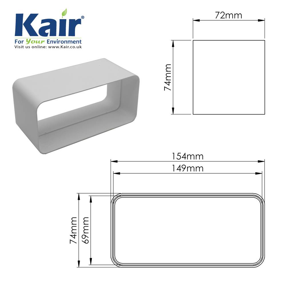 Kair Rectangular Straight Connector 150mm x 70mm Flat Pipe Joint