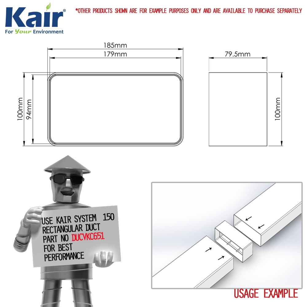 Kair Rectangular Straight Connector 180mm x 90mm Flat Pipe Joint