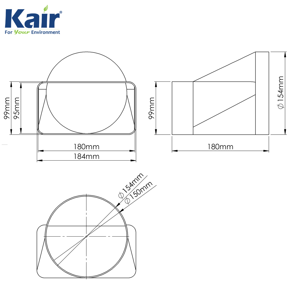 Kair Offset Ducting Adaptor 180mm x 90mm to 150mm - 6 inch Rectangular to Round