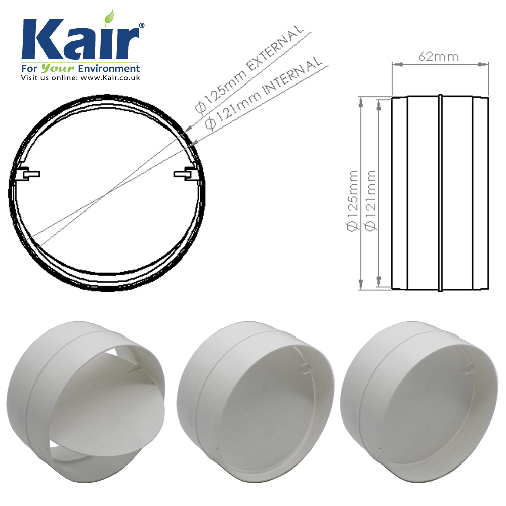 Kair Round Pipe Connector with Backdraught Shutter 125mm - 5 inch Non-Return Damper Flap