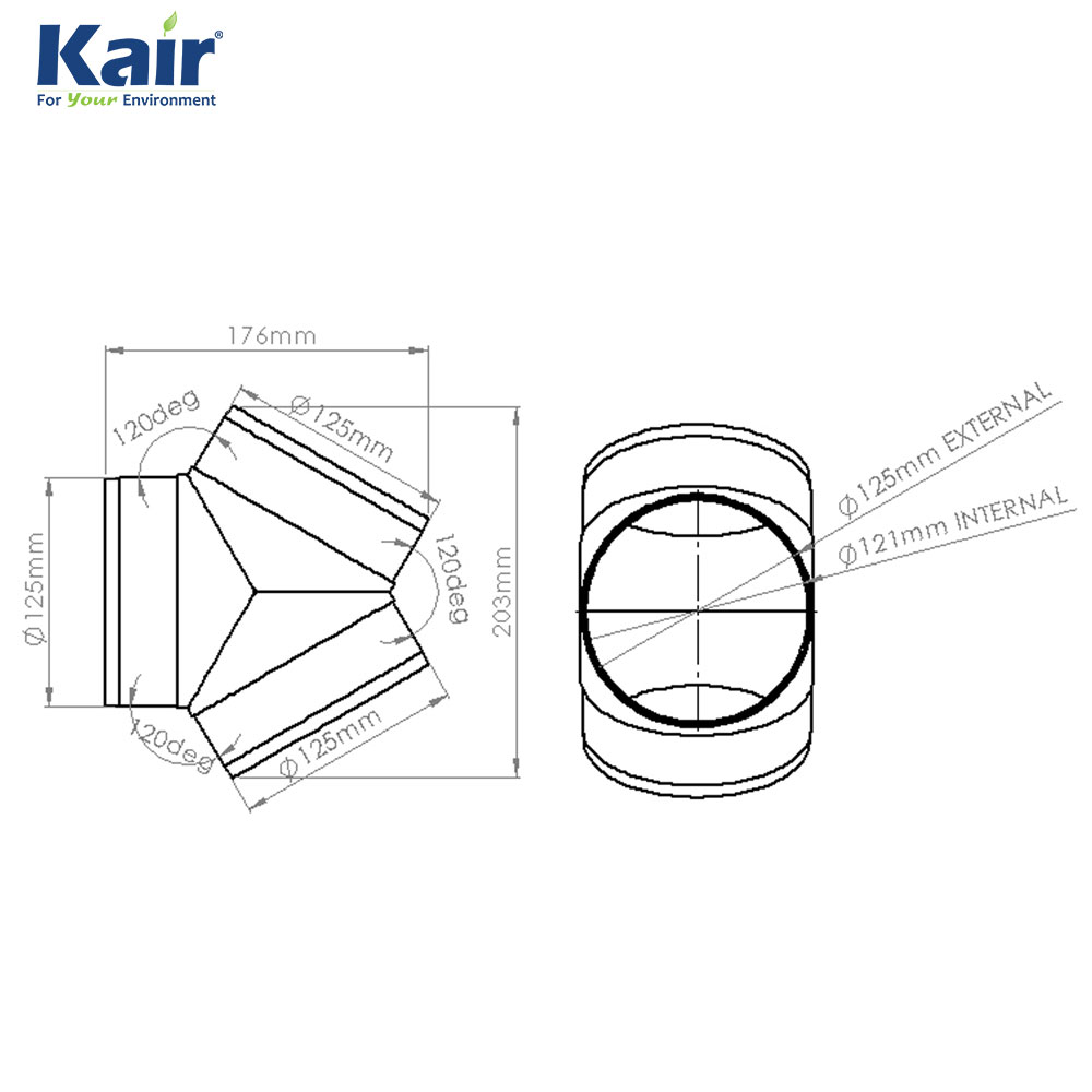 Kair Equal Y Piece 125mm 5 inch Ducting Splitter