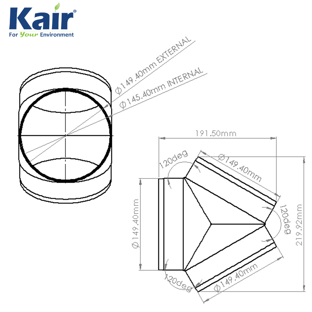 Kair Equal Y Piece 150mm 6 inch Ducting Splitter