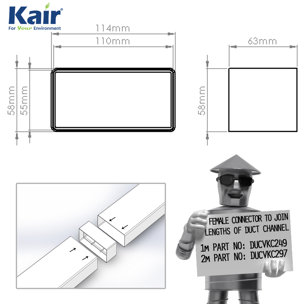 Kair Rectangular Straight Connector 110mm x 54mm Flat Pipe Joint