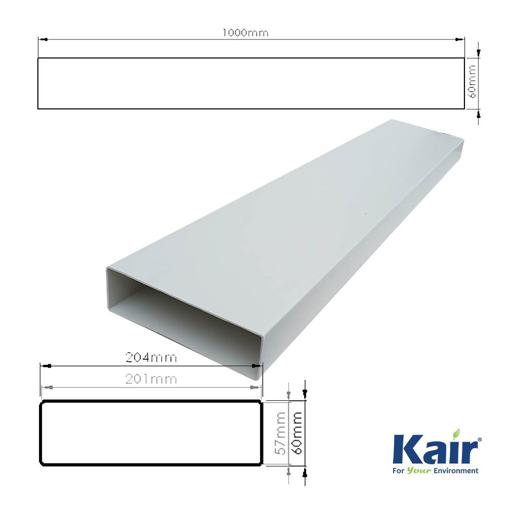 Kair Rectangular Flat Ducting 204mm x 60mm - 1 Metre Length Flat Channel Pipe