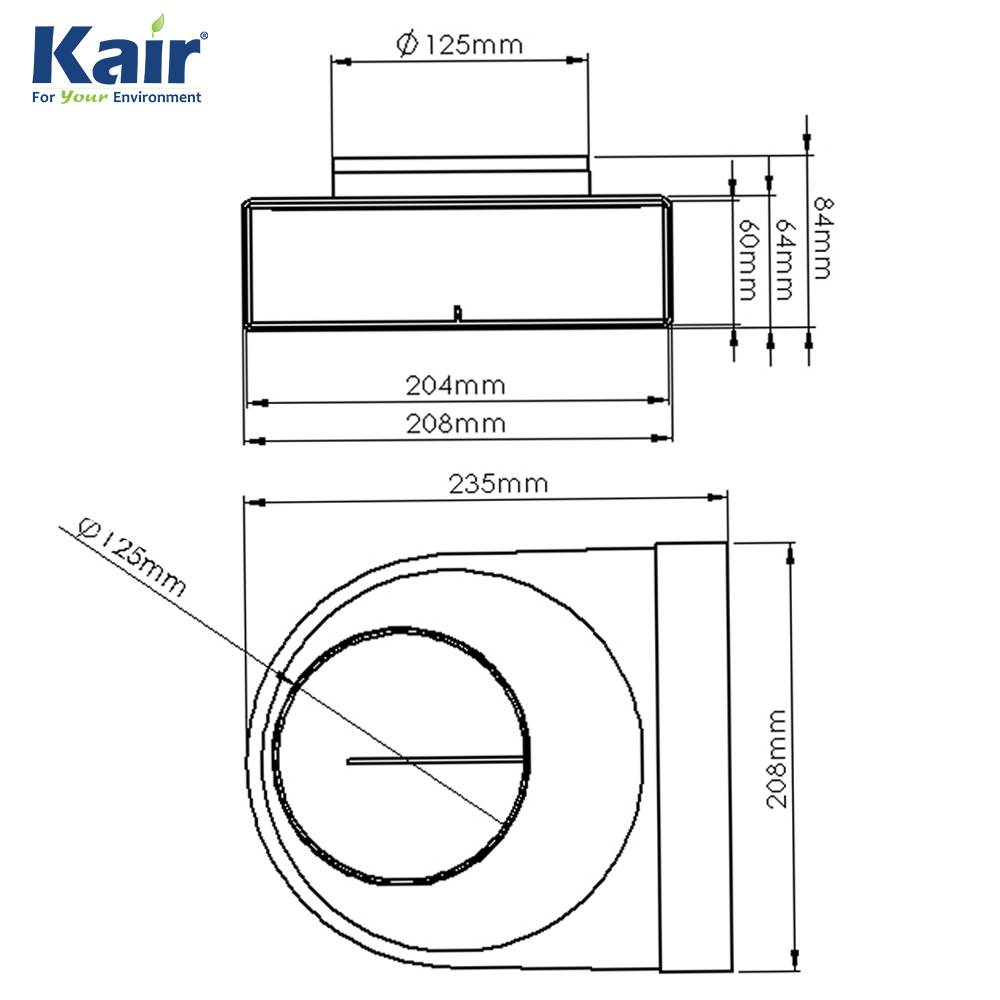 Kair Rotating Elbow Bend Adaptor 204mm x 60mm to 125mm - 5 inch Rectangular to Round 90 Degree Bend
