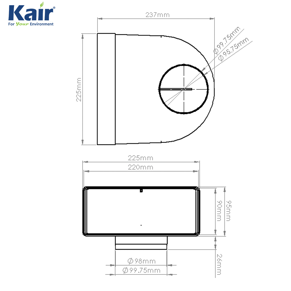 Kair Elbow Bend Adaptor 220mm x 90mm to 100mm - 4 inch Rectangular to Round 90 Degree Bend