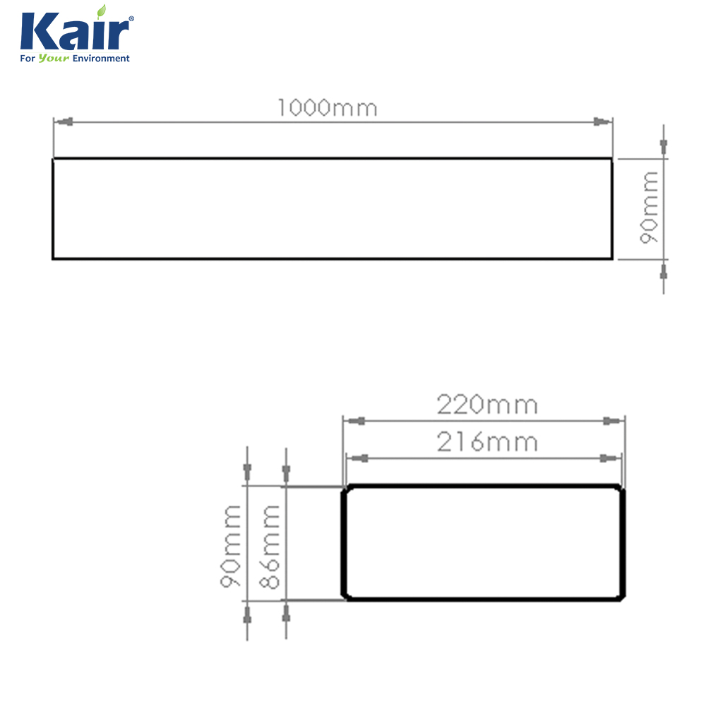 Kair Rectangular Flat Ducting 220mm x 90mm - 1 Metre Length Flat Channel Pipe