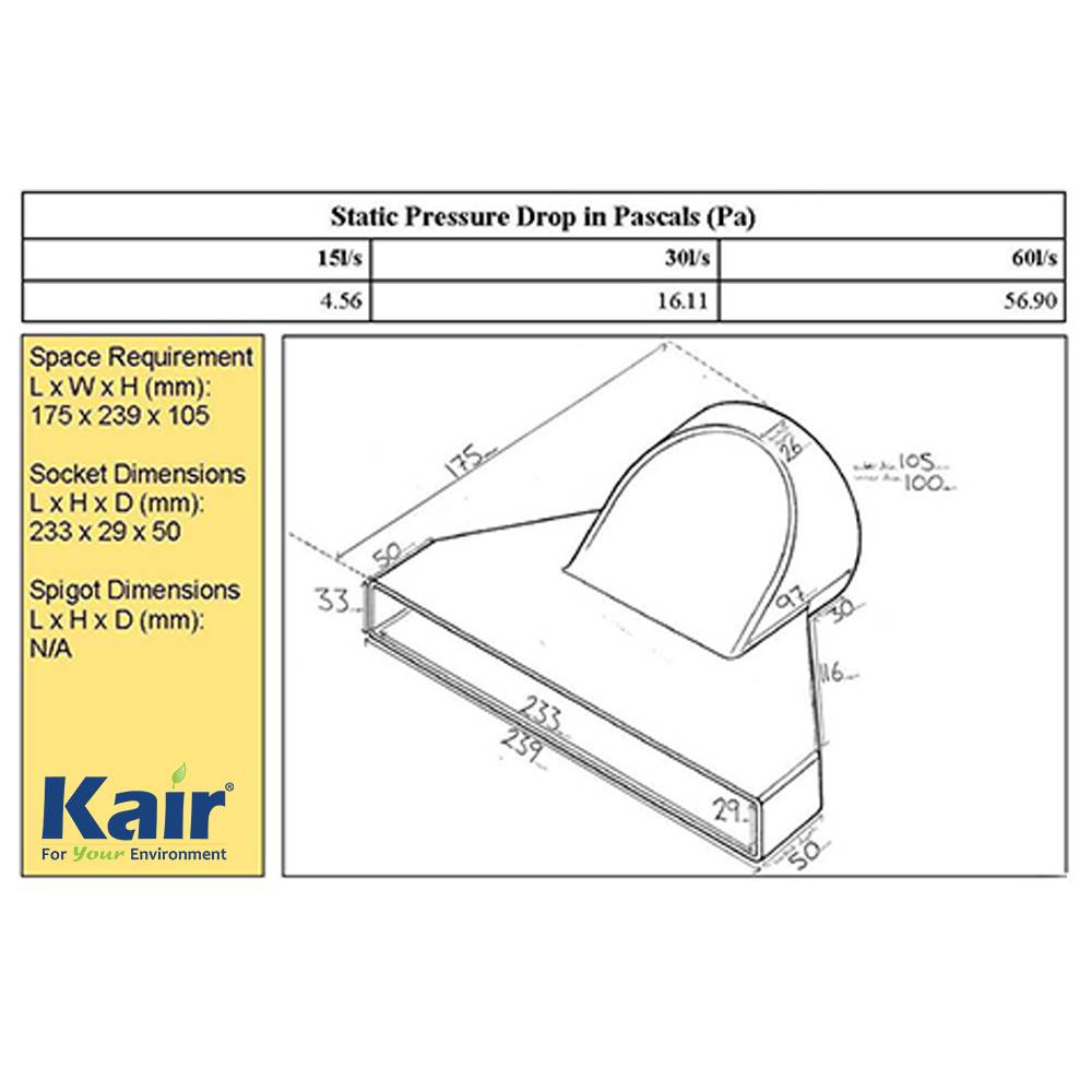 Kair Offset Ducting Adaptor 234mm x 29mm to 100mm - 4 inch Rectangular to Round