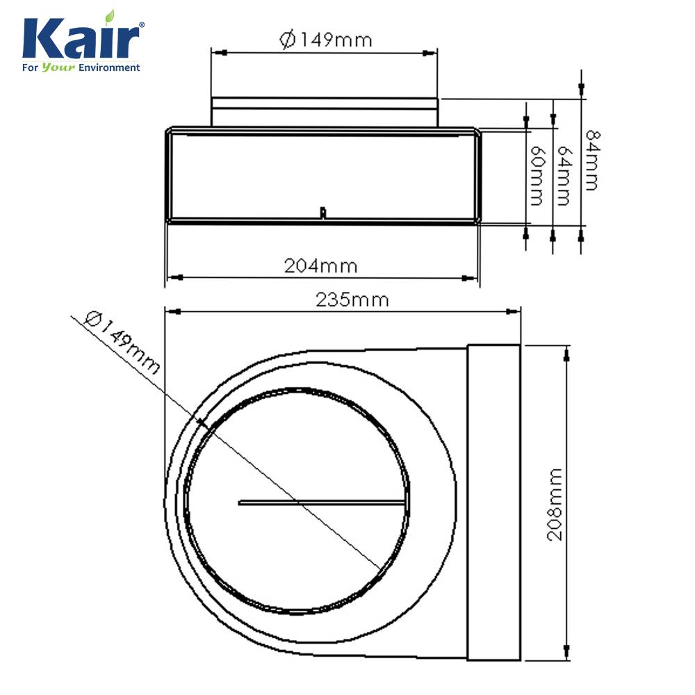 Kair Rotating Elbow Bend Adaptor 204mm x 60mm to 150mm - 6 inch Rectangular to Round 90 Degree Bend
