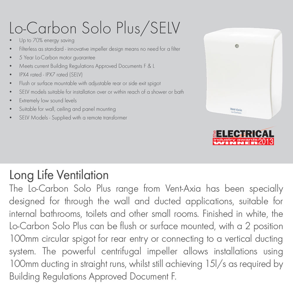 Vent Axia Lo Carbon Solo Plus HT (427483) Centrifugal Fan With Humidistat, Timer, Pullcord, And Datalogger