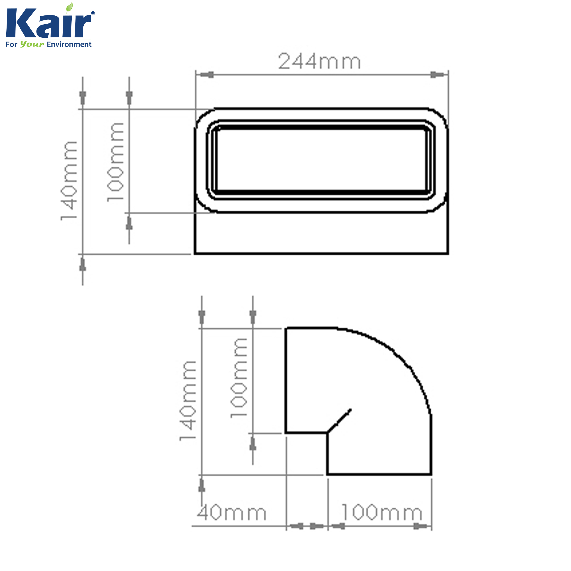 Kair Self-Seal Thermal Ducting 204X60mm Vertical 90 Degree Bend Complete With Female Click And Lock Fittings