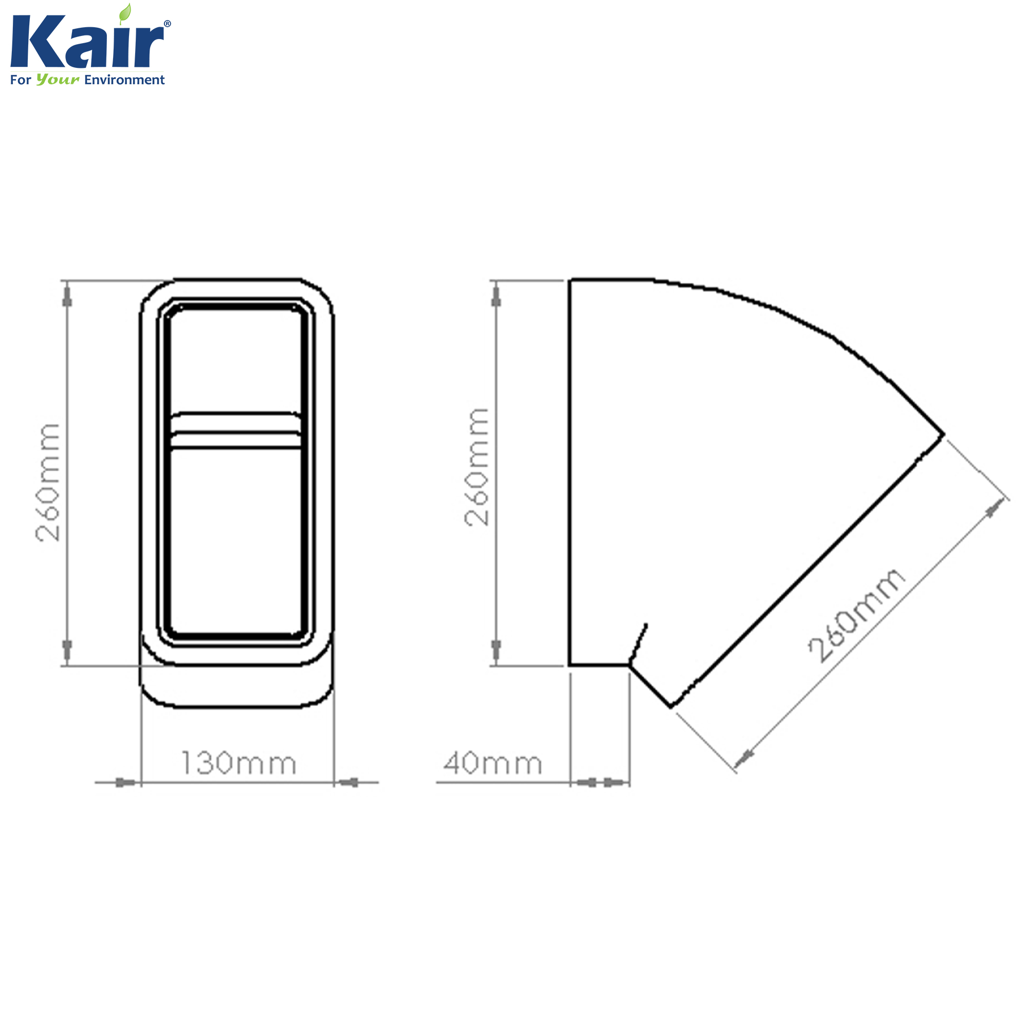 Kair Self-Seal Thermal Ducting 220X90mm Horizontal 45 Degree Bend Complete With Female Click And Lock Fittings