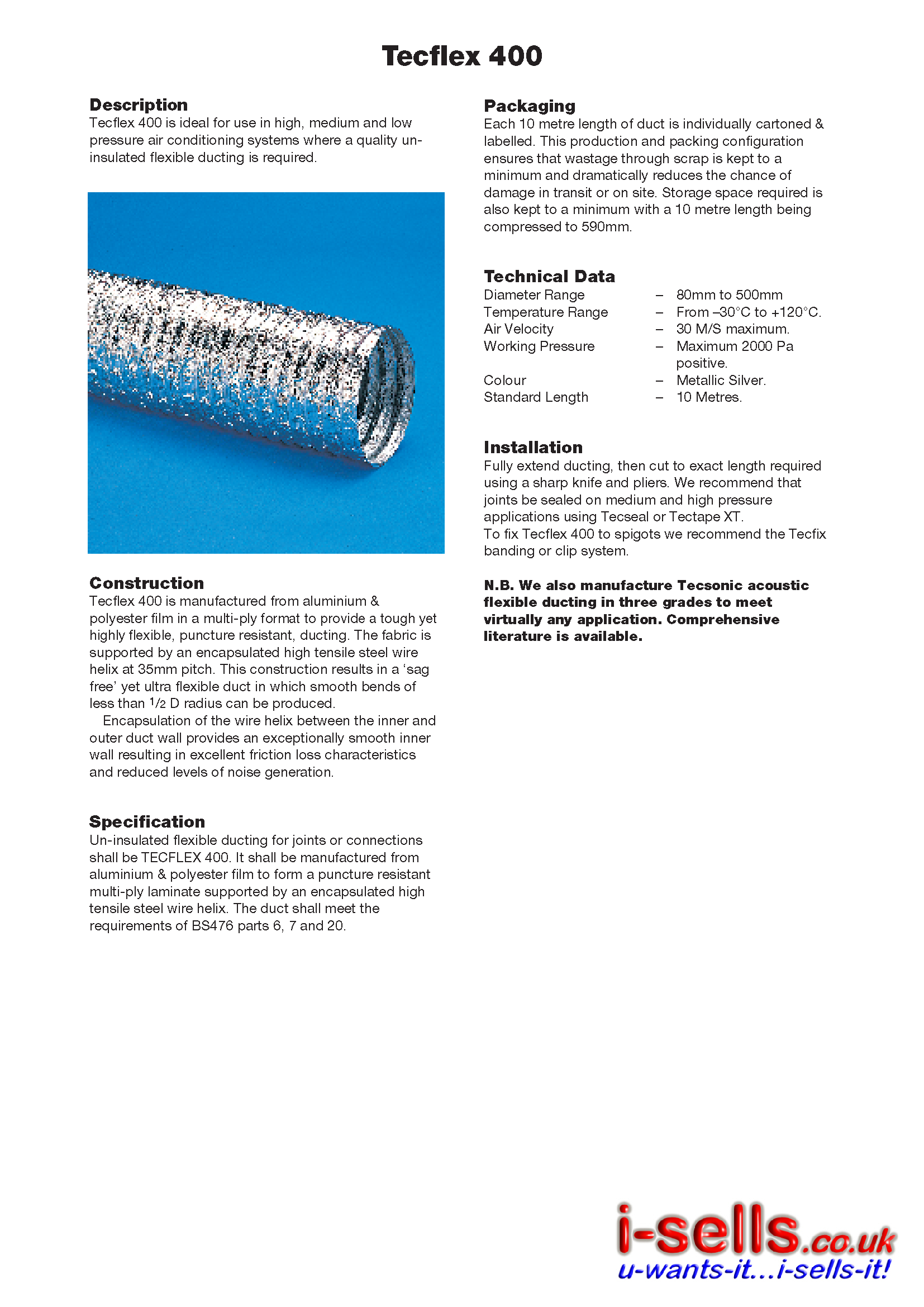 Aluminium Flexible Ducting - 10M  - 250mm