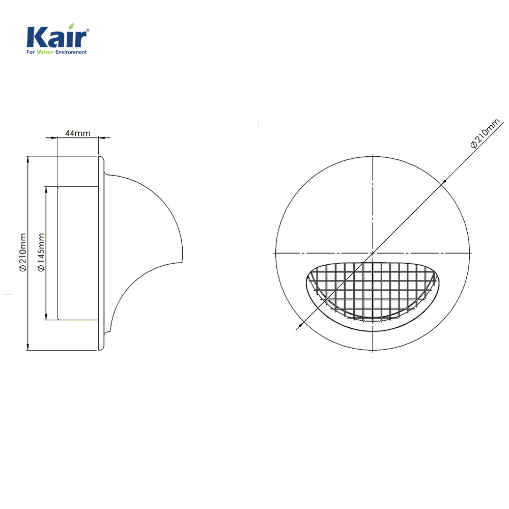 Kair Bull-Nose External Vent 150mm - 6 inch Stainless Steel Grille with Wire Mesh and Drip Deflector