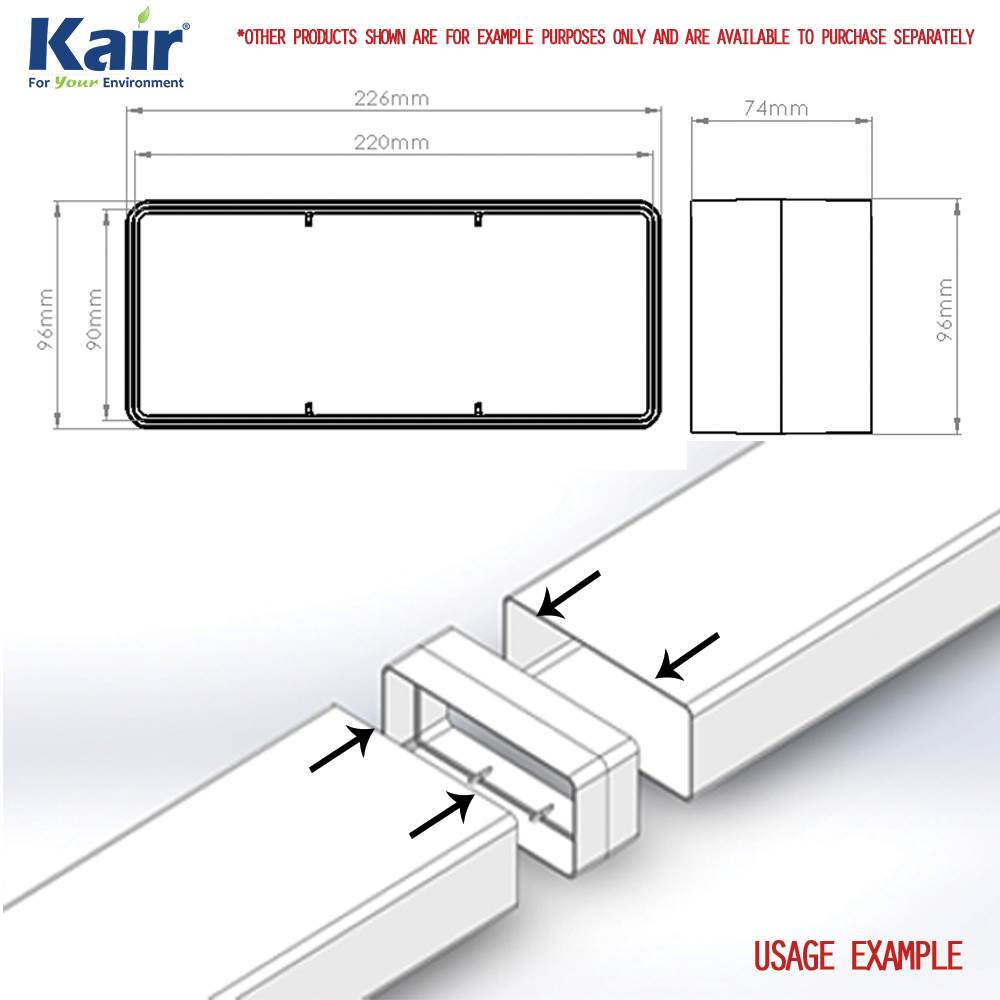 Kair Rectangular Straight Connector 220mm x 90mm Flat Pipe Joint