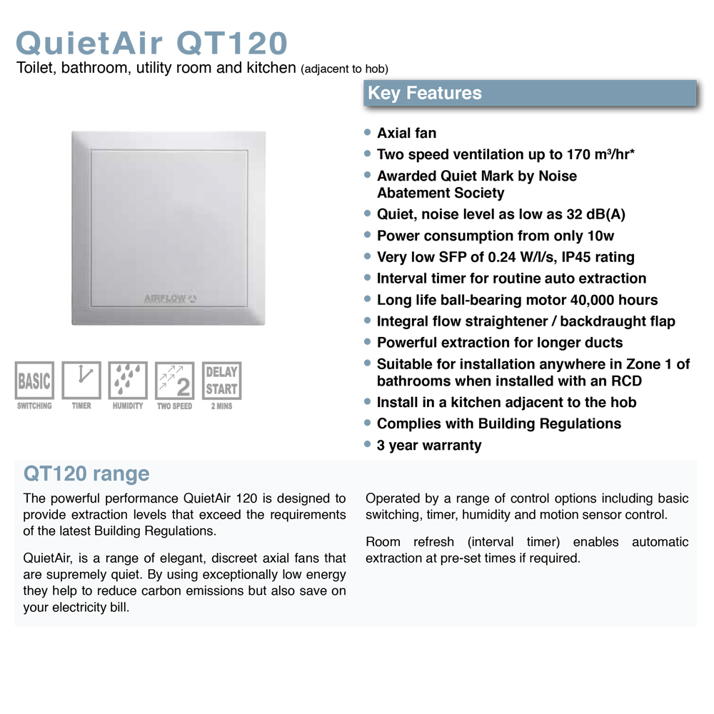 Airflow Quietair QT120HT 120mm Extractor Fan with Timer and Humidistat (9041499)