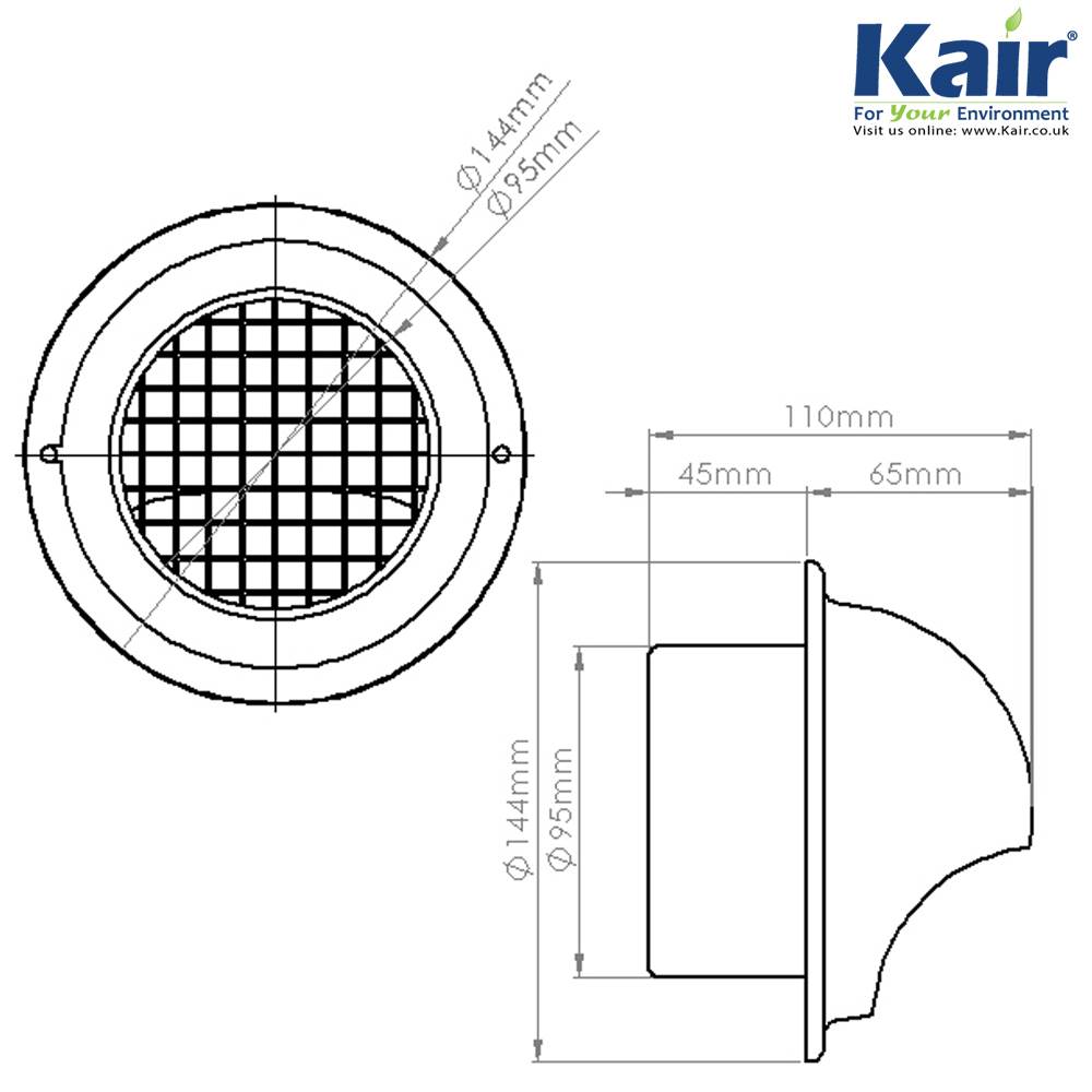 Kair Bull-Nose External Vent 100mm - 4 inch Stainless Steel Grille with Wire Mesh and Drip Deflector