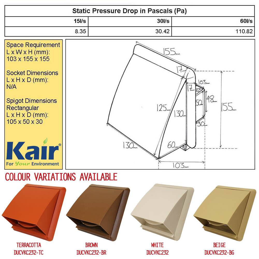 Kair Cowl Vent 110mm x 54mm Brown External Wall Vent With Rectangular Spigot and Wind Baffle Backdraught Shutter