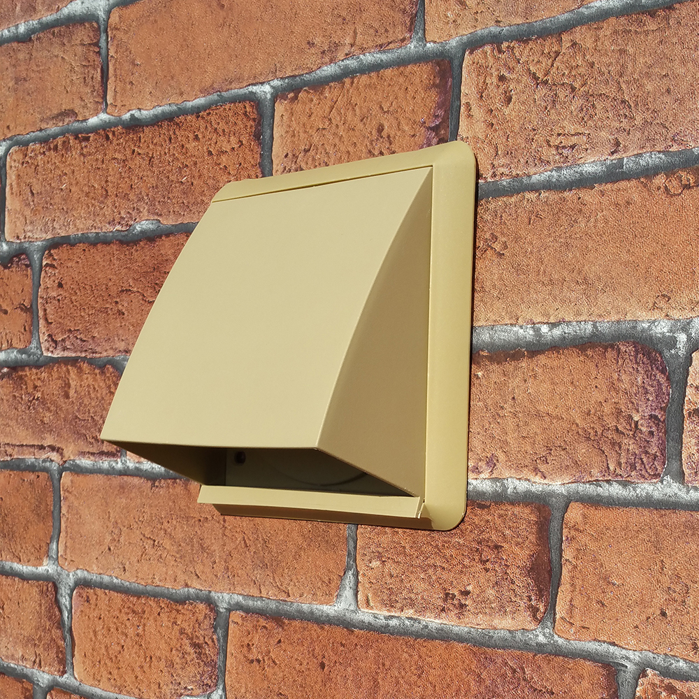 Kair Cowled Outlet Grille 100mm - 4 inch Beige External Wall Vent With Round Spigot and Wind Baffle Backdraught Shutter