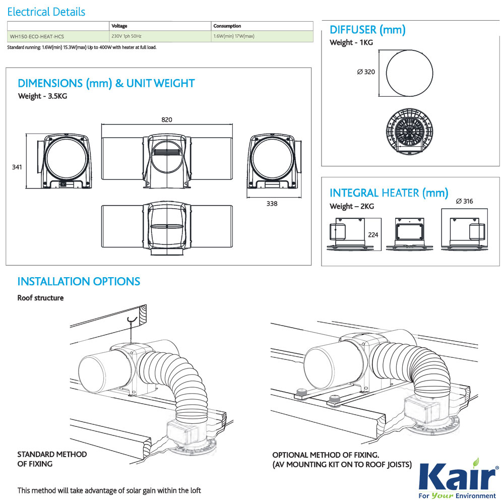 Kair Kalahari ECO Positive Input Ventilation Loft Unit with Heater