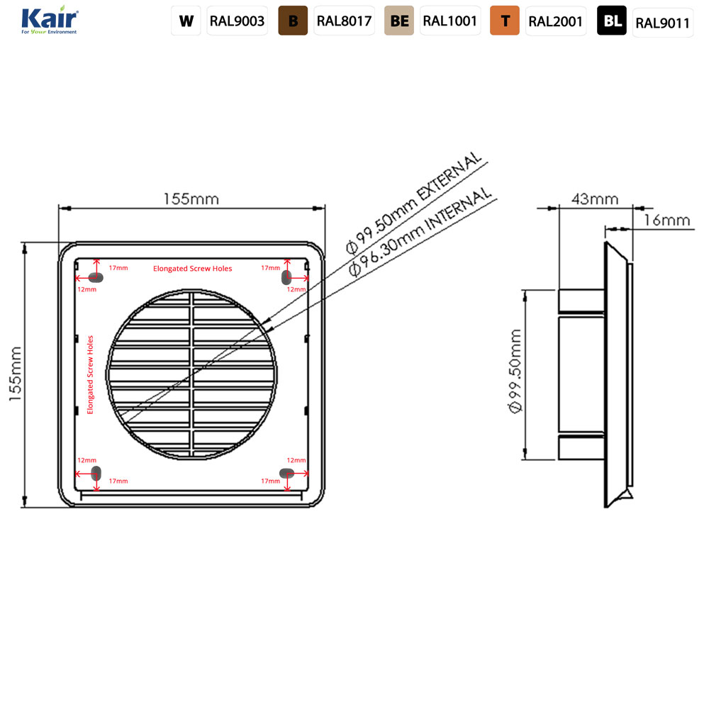 Kair Louvred Grille 100mm - 4 inch White External Wall Ducting Air Vent with Round Spigot