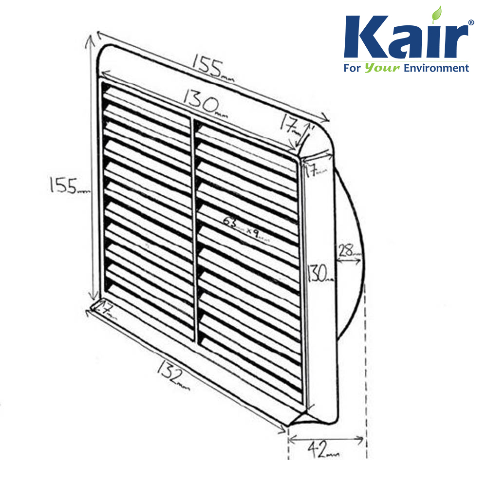 Kair Louvred Wall Vent Grille 100mm - 4 inch Black with Flyscreen for Internal or External use