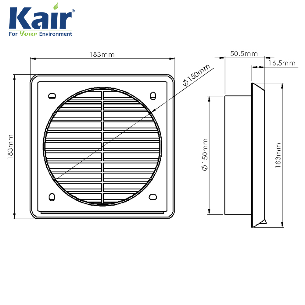 Kair Louvred Grille 150mm - 6 inch Black External Wall Ducting Air Vent with Round Spigot