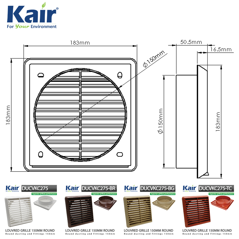 Kair Louvred Grille 150mm - 6 inch White External Wall Ducting Air Vent with Round Spigot