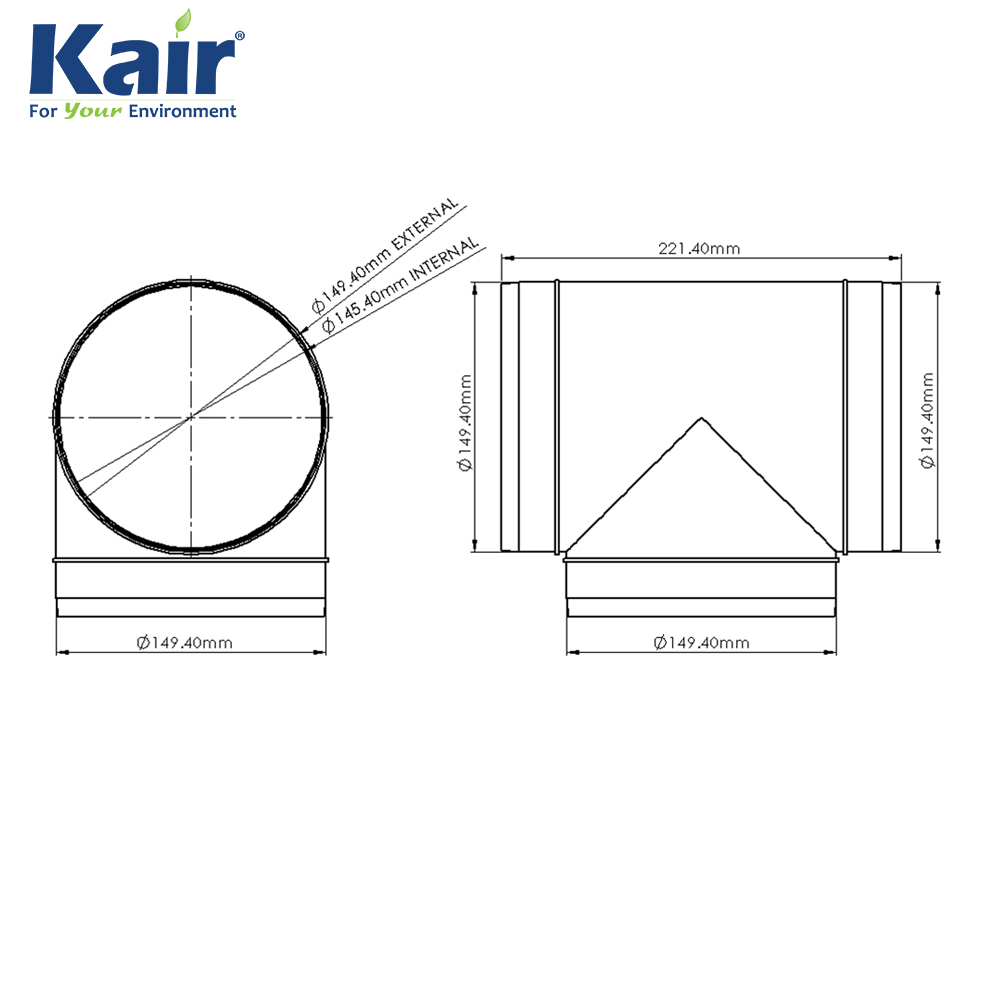 Kair Round Equal T-Piece 150mm - 6 inch Plastic Ducting Tee Junction Connector