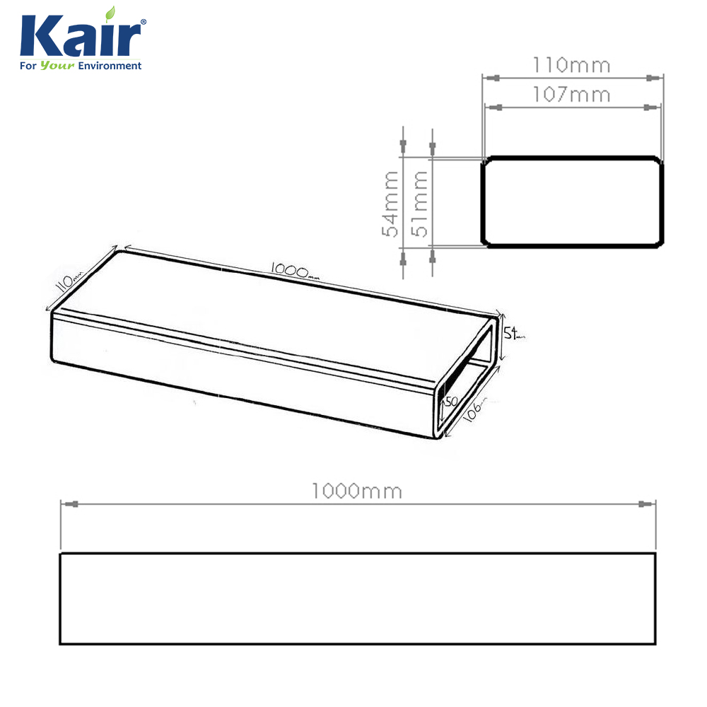 Kair Rectangular Flat Ducting 110mm x 54mm - 1 Metre Length Flat Channel Pipe