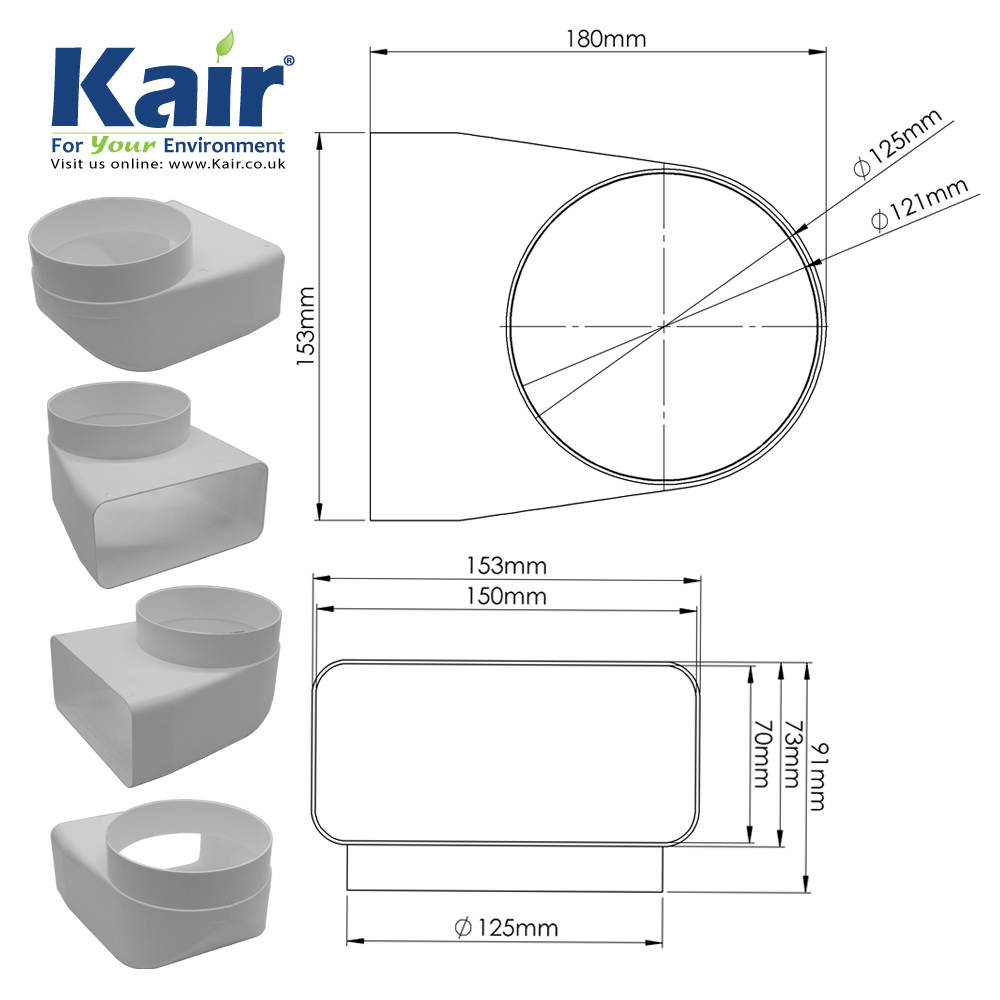 Kair Elbow Bend Adaptor 150mm x 70mm to 125mm 5 inch Rectangular to Round 90 Degree Bend