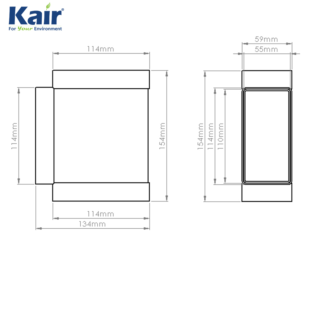 Kair Equal T-Piece Adaptor 110mm x 54mm for Rectangular Plastic Ducting