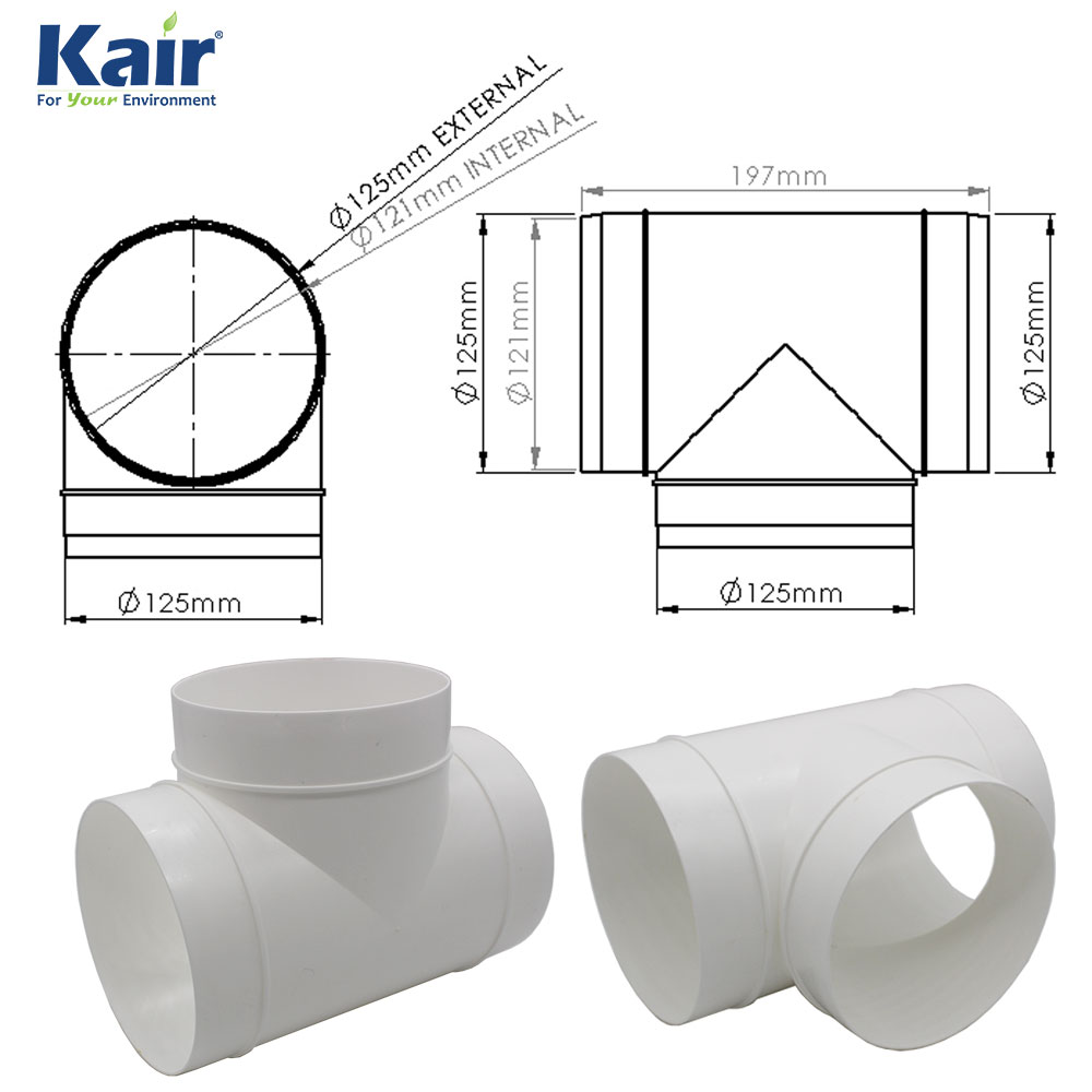 Kair Round Equal T-Piece 125mm 5 inch Plastic Ducting Tee Junction Connector