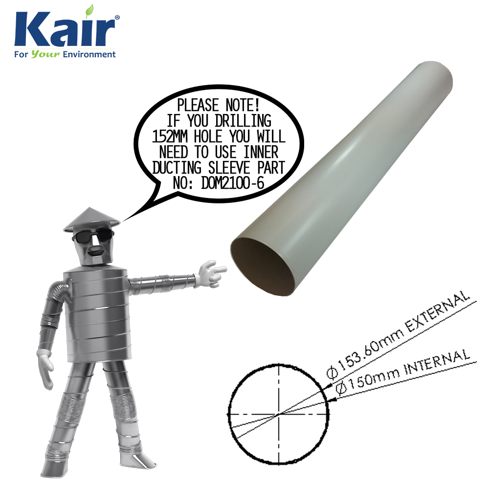 Kair Plastic Ducting Pipe 150mm - 6 inch / 1 Metre Long Length - Rigid Straight Duct Channel