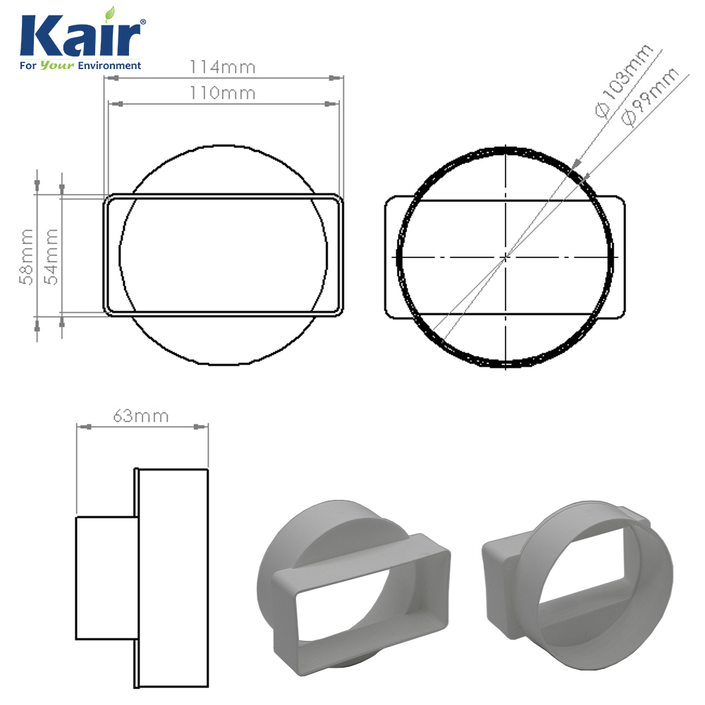 Kair Ducting Straight Adaptor 110mm x 54mm to 100mm - 4 inch Rectangular to Round - Female