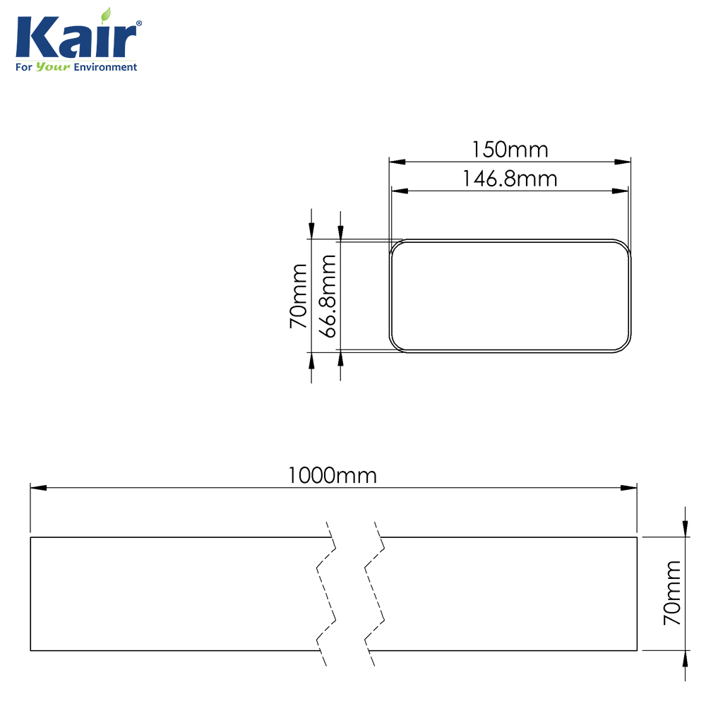 Kair Rectangular Flat Ducting 150mm x 70mm - 1 Metre Length Flat Channel Pipe