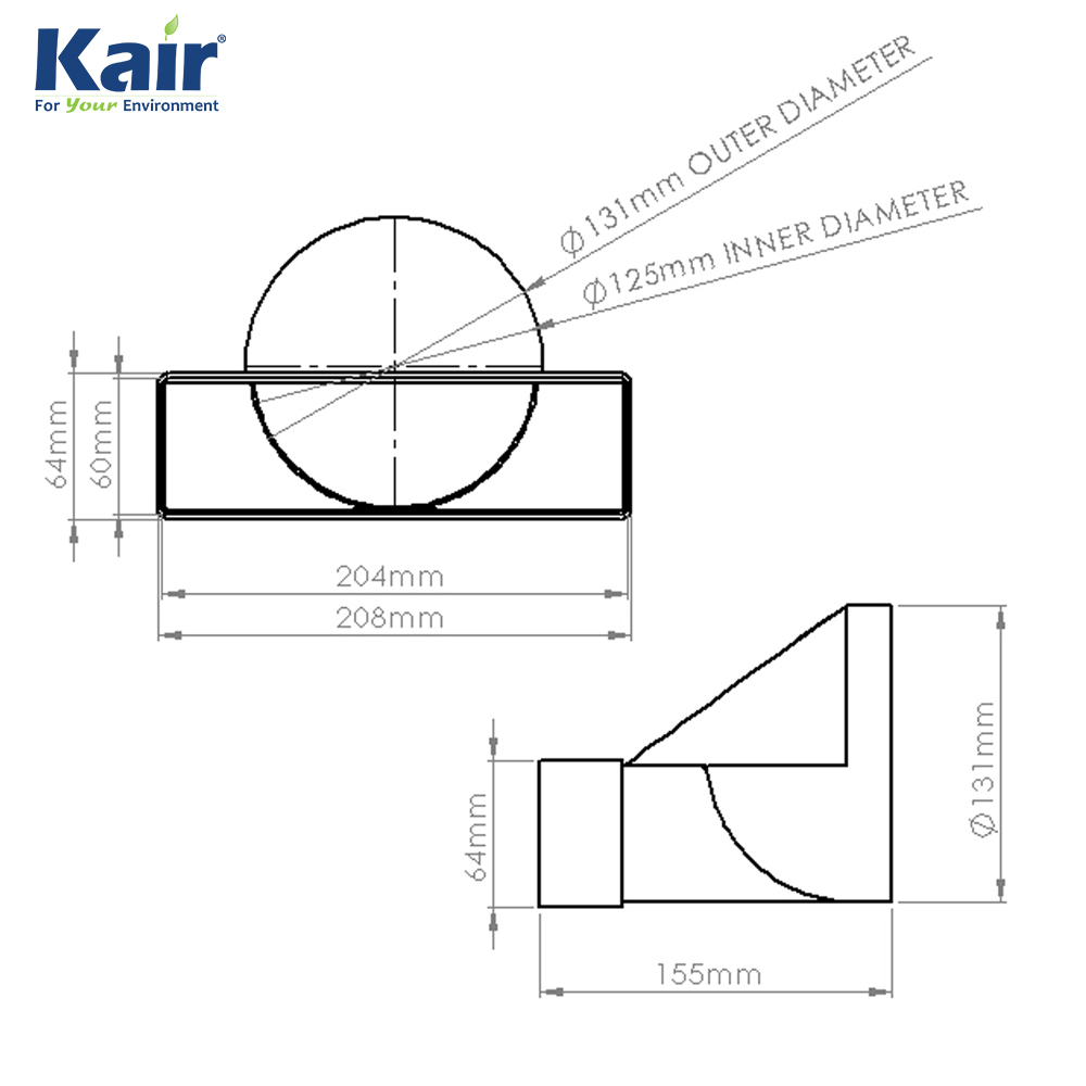Kair Offset Ducting Adaptor 204mm x 60mm to 125mm - 5 inch Rectangular to Round