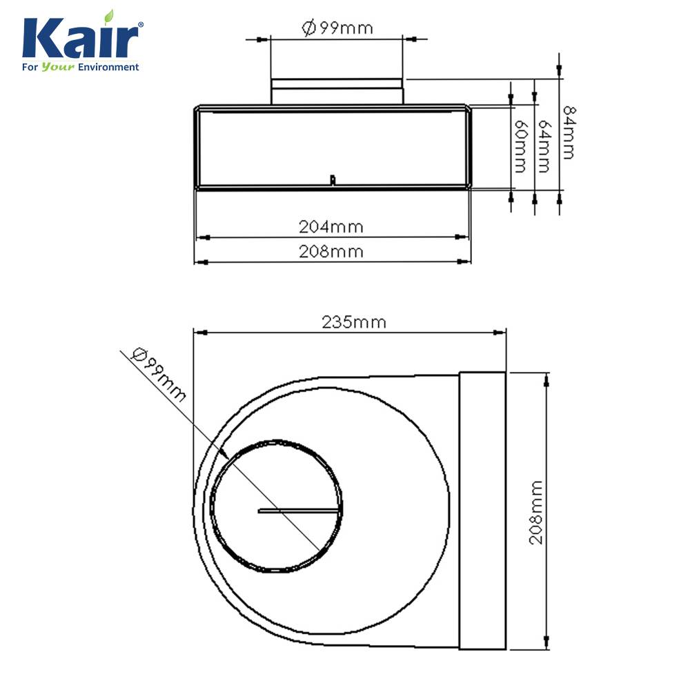 Kair Rotating Elbow Bend Adaptor 204mm x 60mm to 100mm - 4 inch Rectangular to Round 90 Degree Bend